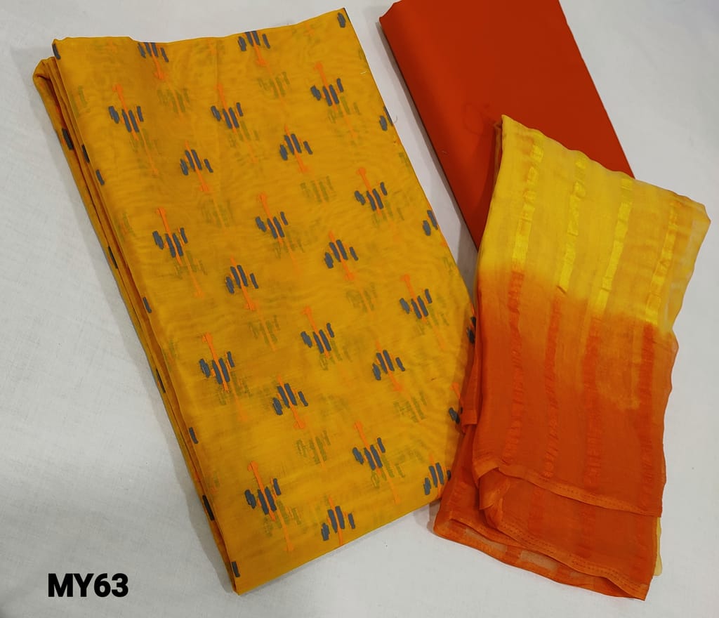 CODE MY63: Printed Yellow Silk Cotton unstitched Salwar material(lining required), orange cotton bottom, Dual shaded shibori dyed soft chiffon dupatta with tapings