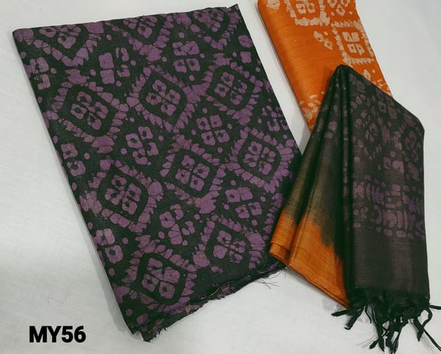 CODE MY56 : Purple base printed Bhagalpuri jute silk cotton unstitched Salwar material(coarse fabric), orange batik dyed Bhagalpuri jute silk cotton bottom, Batik dyed Bhagalpuri jute silk cotton dupatta with tassels