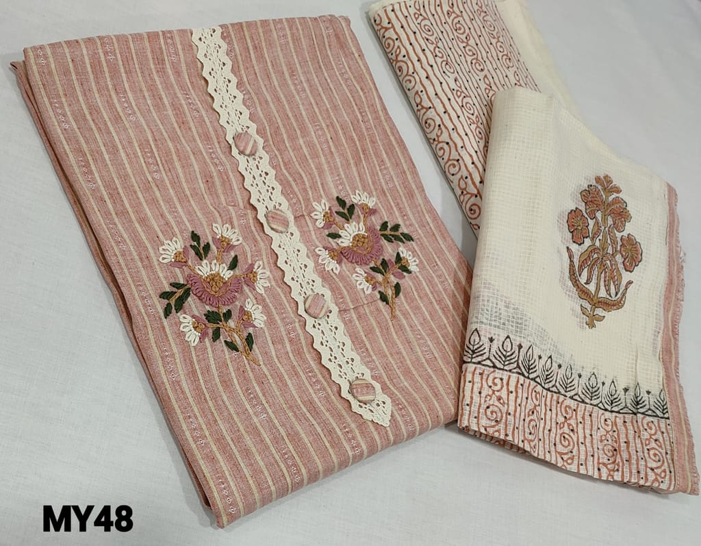 CODE MY48: Premium Printed Peach soft spun Cotton unstitched Salwar material(lining required) with buttons, embroidery, pearl and lace work on yoke, printed kadhi cotton bottom, printed kota cotton dupatta with tapings.