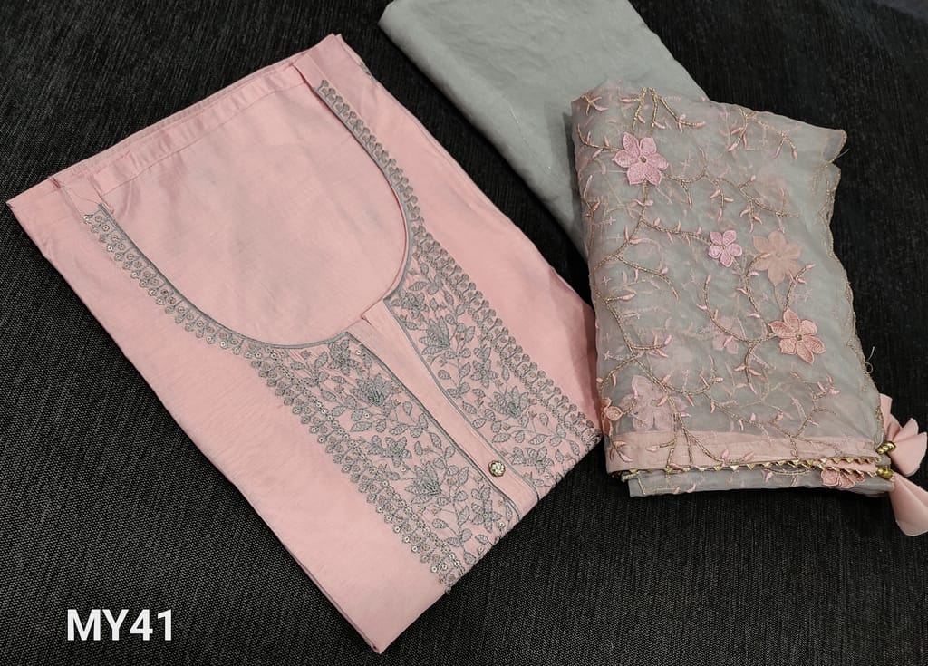 CODE MY41 : Designer Pastel Pink fancy chanderi Silk Cotton Unstitched Salwar material(requires lining) embroidery, sequence and fancy buttons on yoke, small embroidery work on frontside, greyish beige santoon bottom, Premium rich zari embroidery work allover and gota lace tapings and tassels.