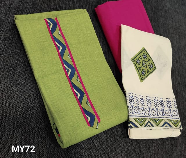 CODE MY72: Light Green South Cotton unstitched Salwar material(lining required) with simple yoke, pink cotton bottom, blocked printed and patch work on  mul cotton dupatta with tapings.