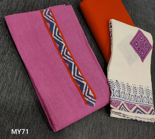 CODE MY71: Pink  South Cotton unstitched Salwar material(lining required) with simple yoke, orange cotton bottom, blocked printed and patch work on  mul cotton dupatta with tapings.