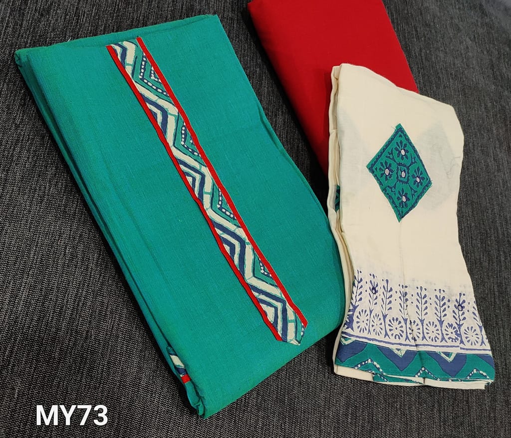 CODE MY73: Green South Cotton unstitched Salwar material(lining required) with simple yoke, red cotton bottom, blocked printed and patch work on  mul cotton dupatta with tapings.