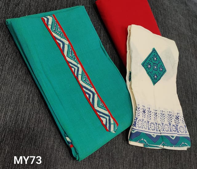 CODE MY73: Green South Cotton unstitched Salwar material(lining required) with simple yoke, red cotton bottom, blocked printed and patch work on  mul cotton dupatta with tapings.