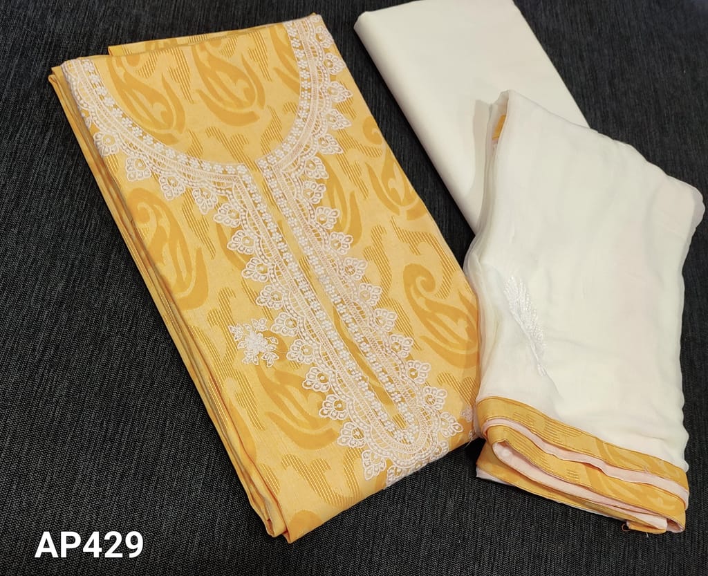 CODE AP429 : Yellow Jakard Cotton unstitched Salwar material(requires lining) with thread embroidery work on yoke and frontside, half white cotton bottom, embroidery work on soft chiffon dupatta with tapings