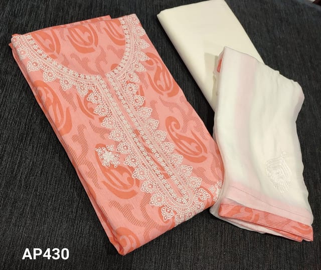 CODE AP430 : Peach Jakard Cotton unstitched Salwar material(requires lining) with thread embroidery work on yoke and frontside, half white cotton bottom, embroidery work on soft chiffon dupatta with tapings