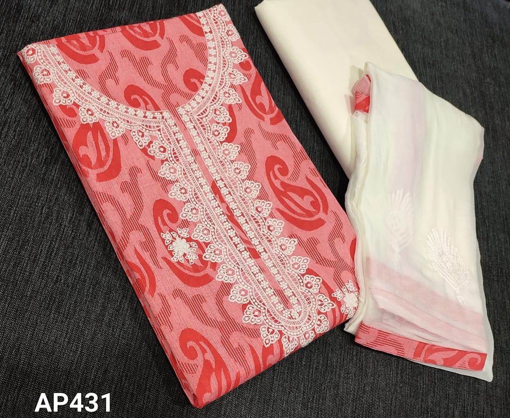 CODE AP431 :  Pink Jakard Cotton unstitched Salwar material(requires lining) with thread embroidery work on yoke and frontside, half white cotton bottom, embroidery work on soft chiffon dupatta with tapings