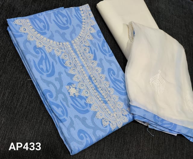CODE AP433 : Light Blue Jakard Cotton unstitched Salwar material(requires lining) with thread embroidery work on yoke and frontside, half white cotton bottom, embroidery work on soft chiffon dupatta with tapings