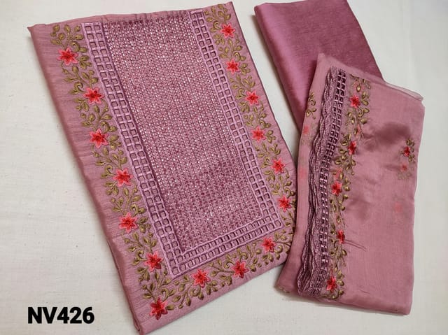 CODE NV426 : Designer Onion Pink Silk Cotton unstitched Salwar material(thin fabric requires lining) with Heavy cut bead work ,cut work and Thread embroidery  yoke, silk cotton bottom, Organza dupatta with heavy thread embroidery and cut work taping
