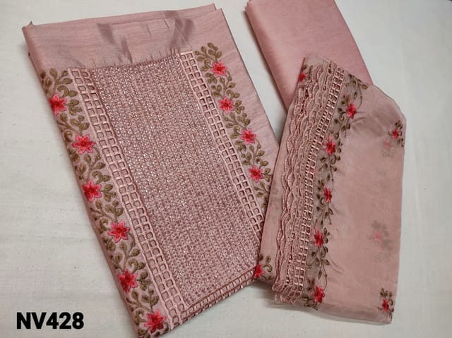 CODE NV428 : Designer Pastel Pink Silk Cotton unstitched Salwar material(thin fabric requires lining) with Heavy cut bead work ,cut work and Thread embroidery  yoke, silk cotton bottom, Organza dupatta with heavy thread embroidery and cut work taping