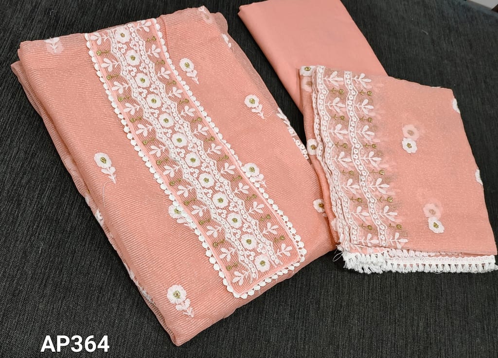 CODE AP364 : Pastel Peach Noil fabric unstitched Salwar material( Netted faric, Requires lining) with zari and thread embroidery work on yoke, matching cotton bottom, embroidery work on  noil fabric(netted fabric) dupatta with lace tapings.