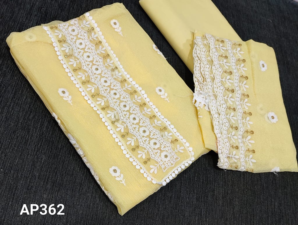 CODE AP362 : Pastel Yellow Noil fabric unstitched Salwar material( Netted faric, Requires lining) with zari and thread embroidery work on yoke, matching cotton bottom, embroidery work on  noil fabric(netted fabric) dupatta with lace tapings.