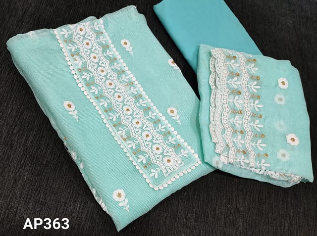 CODE AP363 : Pastel Blue Noil fabric unstitched Salwar material( Netted faric, Requires lining) with zari and thread embroidery work on yoke, matching cotton bottom, embroidery work on  noil fabric(netted fabric) dupatta with lace tapings.