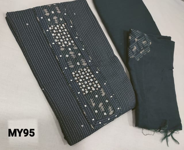 CODE MY95: Grey Premium Cotton unstitched Salwar materials(lining optional) with thread and faux mirror work on yoke, matching thin cotton bottom, applique work on fancy silk cotton dupatta(requires taping)