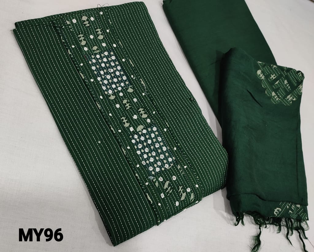 CODE MY96: Green Premium Cotton unstitched Salwar materials(lining optional) with thread and faux mirror work on yoke, matching thin cotton bottom, applique work on fancy silk cotton dupatta(requires taping)