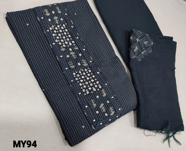 CODE MY94: Blue Premium Cotton unstitched Salwar materials(lining optional) with thread and faux mirror work on yoke, matching thin cotton bottom, applique work on fancy silk cotton dupatta(requires taping)