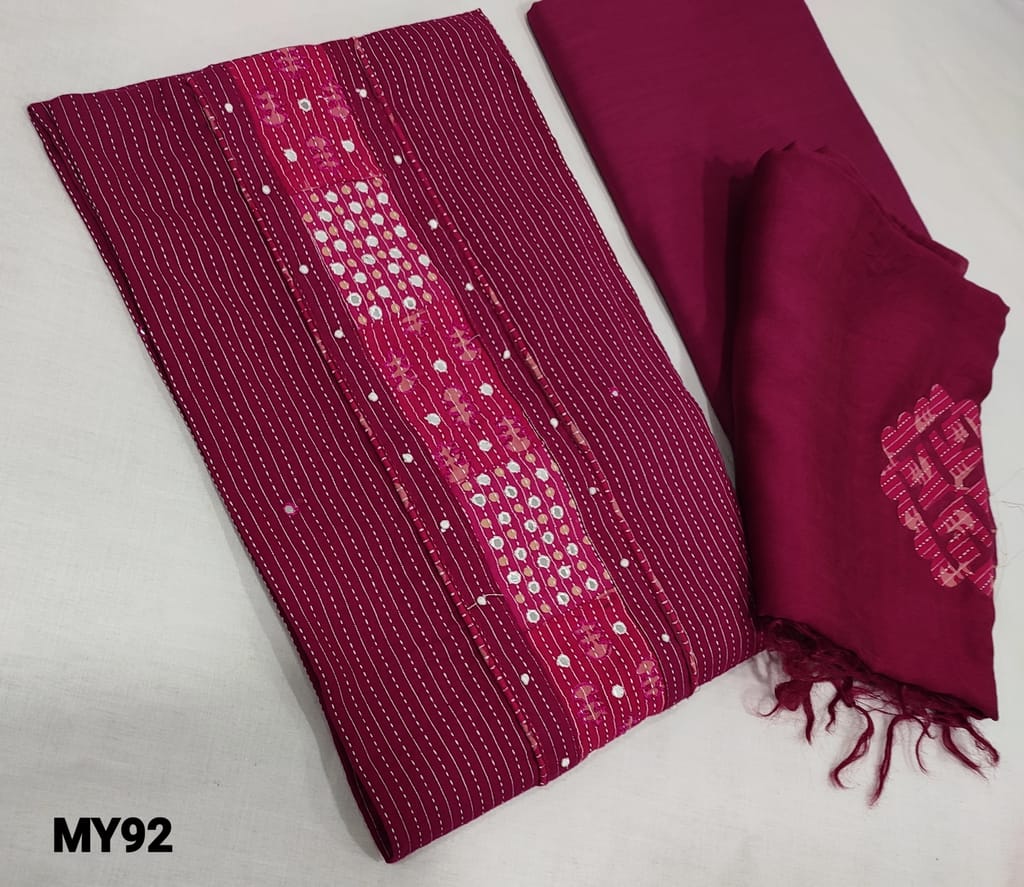 CODE MY92: Dark Pink Premium Cotton unstitched Salwar materials(lining optional) with thread and faux mirror work on yoke, matching thin cotton bottom, applique work on fancy silk cotton dupatta(requires taping)