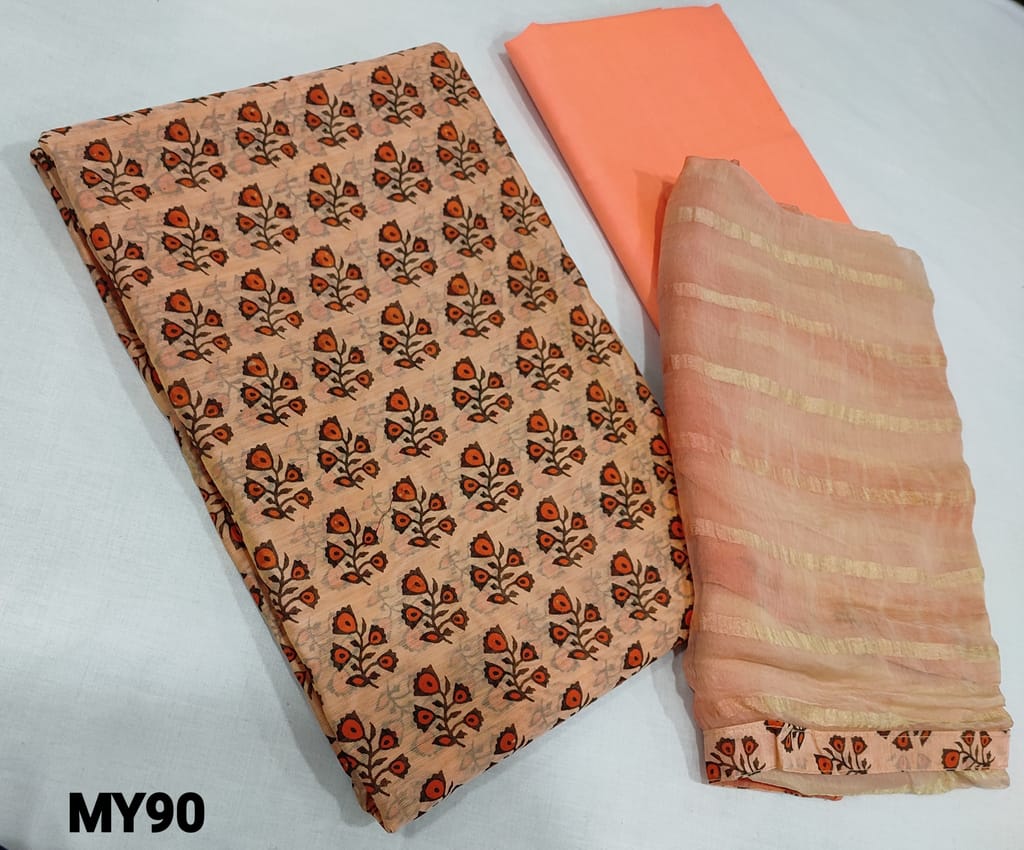 CODEMY90 : Printed Peach Silk Cotton unstitched Salwar material(lining required), peach  cotton bottom, Dual shaded shibori dyed soft chiffon dupatta with tapings