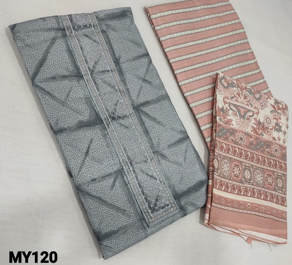 CODE MY120 : Printed Light Blueish Grey Stin Cotton unstitched salwar material(requires lining) with thread and sequence work on yoke, printed cotton bottom , printed mul cotton dupatta.