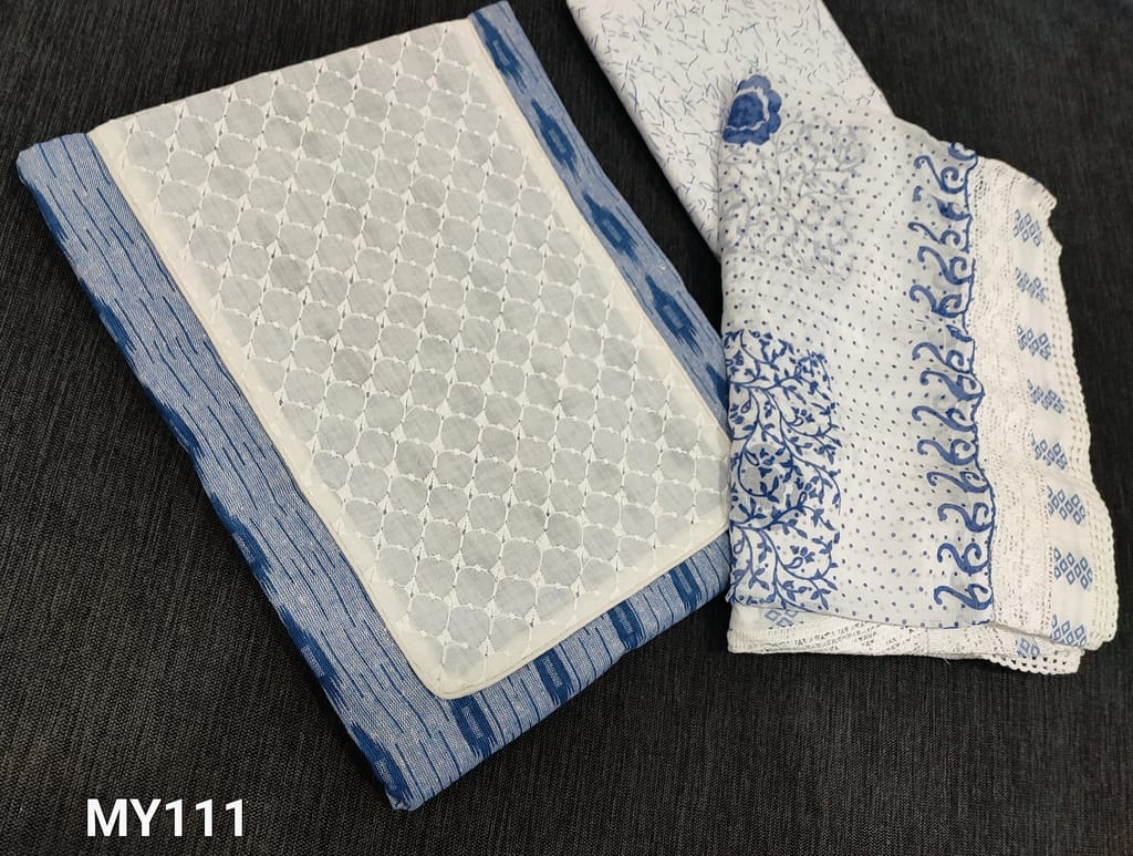CODE MY111 : Denium Blue Cotton unstitched Salwar materials( lining optional) with patch work on yoke, printed cotton bottom, printed chiffon dupatta with lace tapings.
