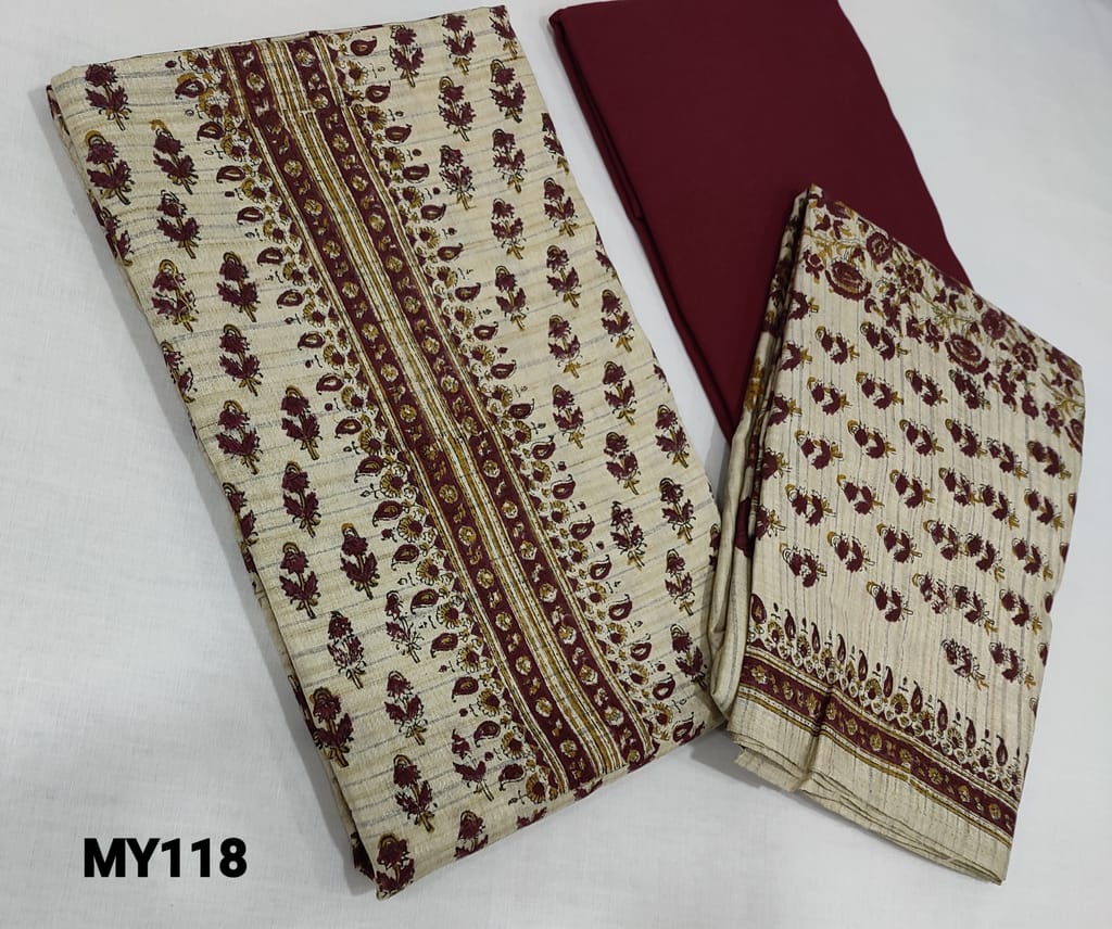 CODE MY118: Printed Beige Semi Tussar unstitched Salwar materials( lining required) with printed on yoke, maroon coton bottom, Printed semi tussar dupatta with tapings.