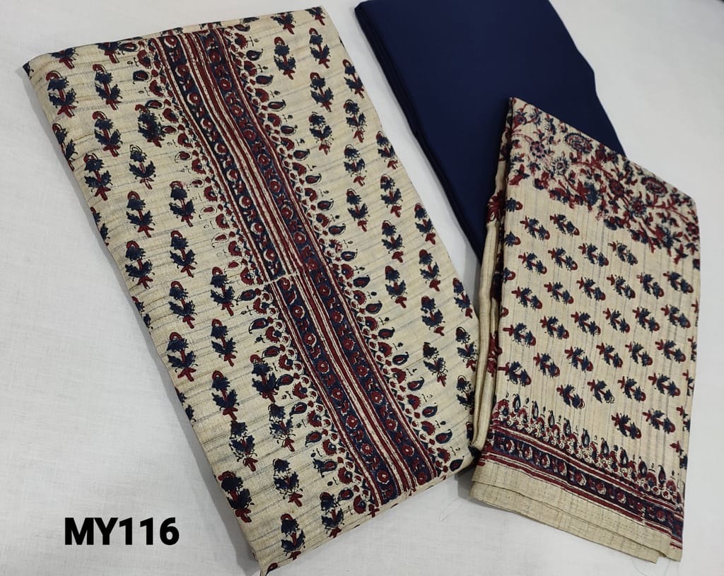 CODE MY116: Printed Beige Semi Tussar unstitched Salwar materials( lining required) with printed on yoke, blue coton bottom, Printed semi tussar dupatta with tapings.