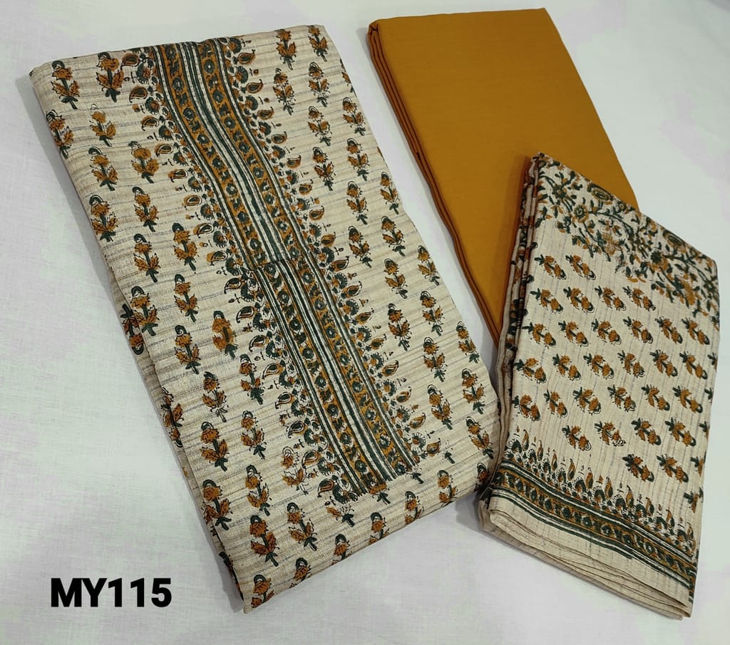 CODE MY115: Printed Beige Semi Tussar unstitched Salwar materials( lining required) with printed on yoke, yellow coton bottom, Printed semi tussar dupatta with tapings.