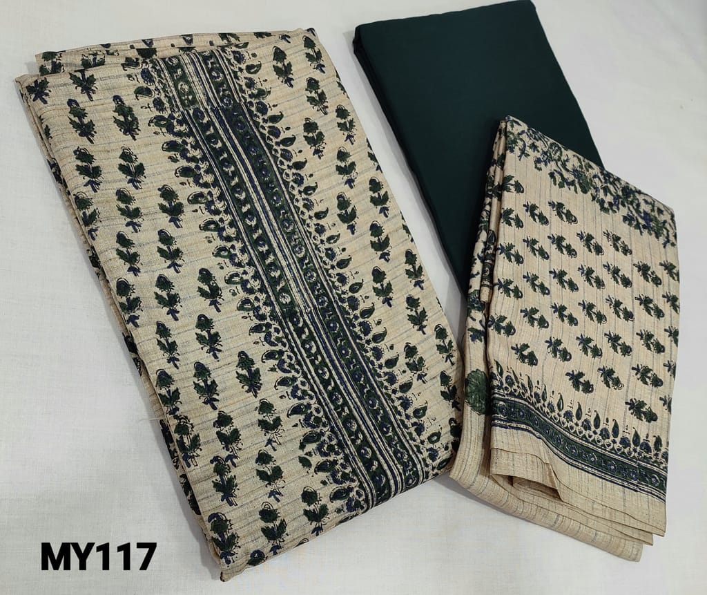 CODE MY117: Printed Beige Semi Tussar unstitched Salwar materials( lining required) with printed on yoke, green coton bottom, Printed semi tussar dupatta with tapings.