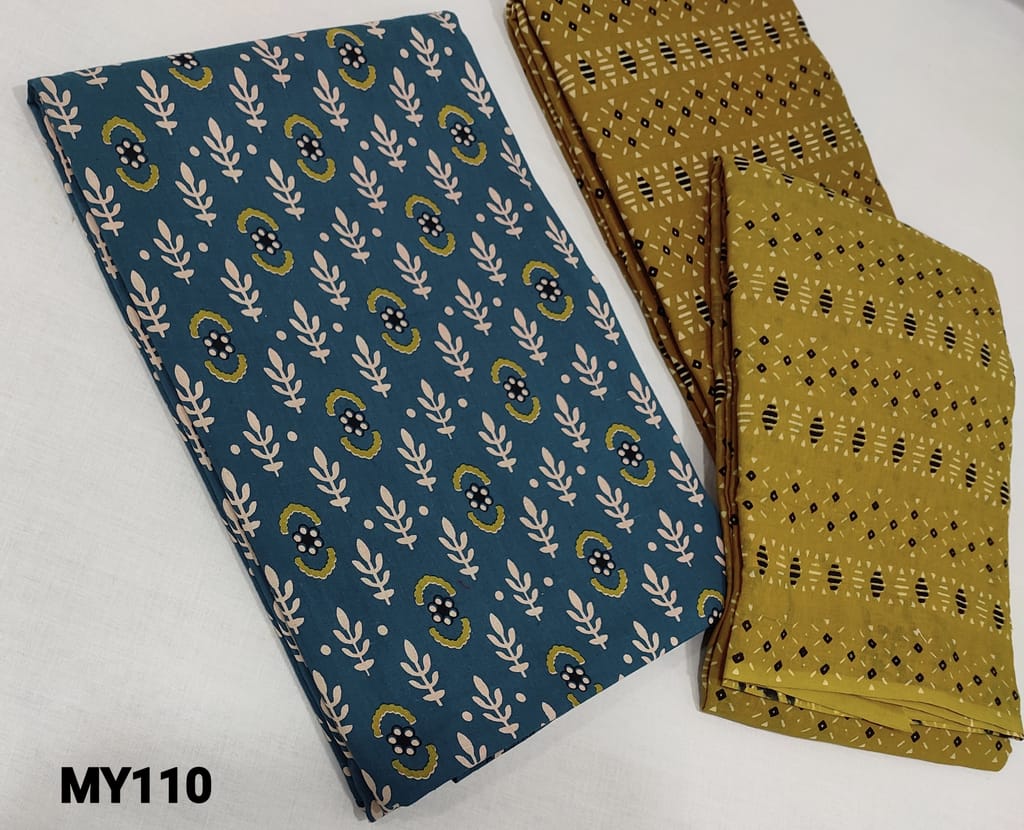 CODE MY110: Ajrak Printed Blue soft Cotton unstitched Salwar materials( lining optional) , ajrak dyed mehandhi yellow cotton bottom, ajrak printed mehandhi green cottpn dupatta withtapings.
