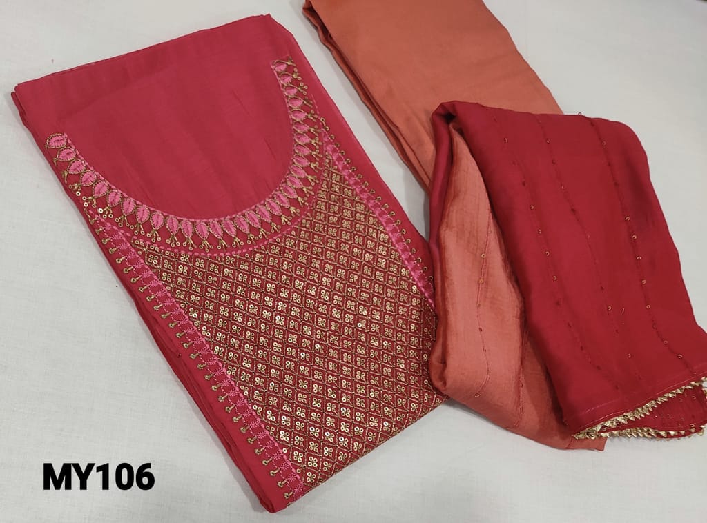 CODE MY106: Designer Dark Pink Silk Cotton unstitched Salwar materials( lining required) with zari, thread, and sequnce work on yoke, small embroidery work on front side, peach silk cotton bottom, Dual shaded fancy silk cotton dupata with thread and sequence work allover.