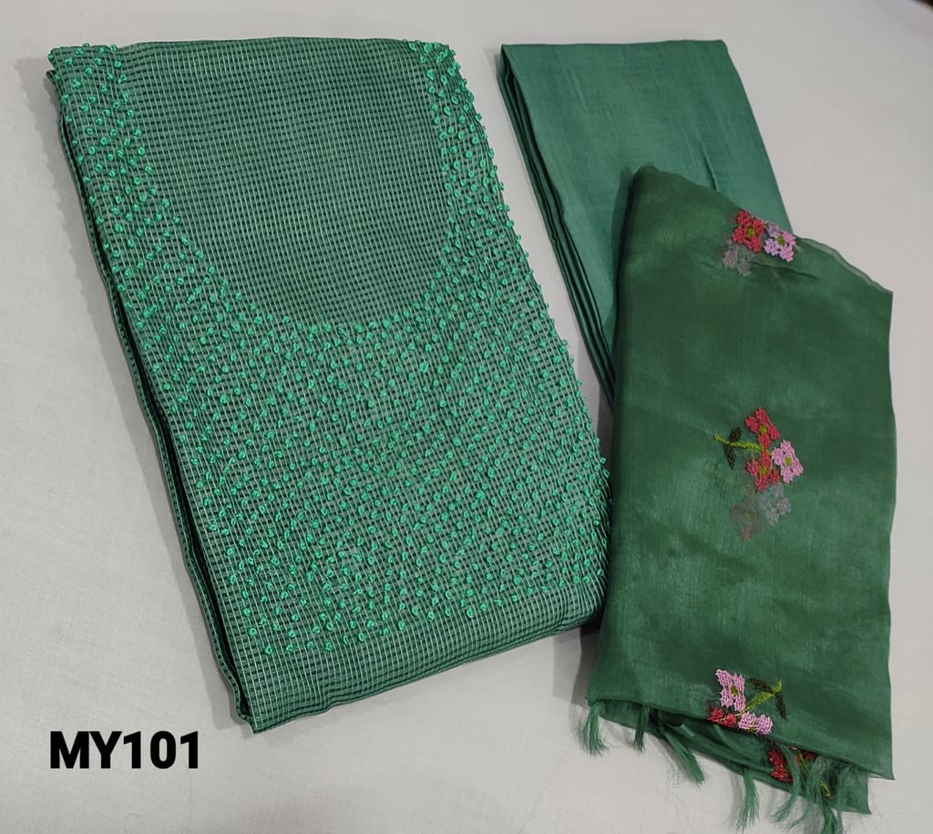 CODE MY101:  Green Kota Silk Cotton unstitched Salwar materials(course fabric, lining required) with french knot work on yoke, matching Silk Cotton or Santoon Bottom, cross stitch embroiery work on organza dupattawith tassels(requires taping),