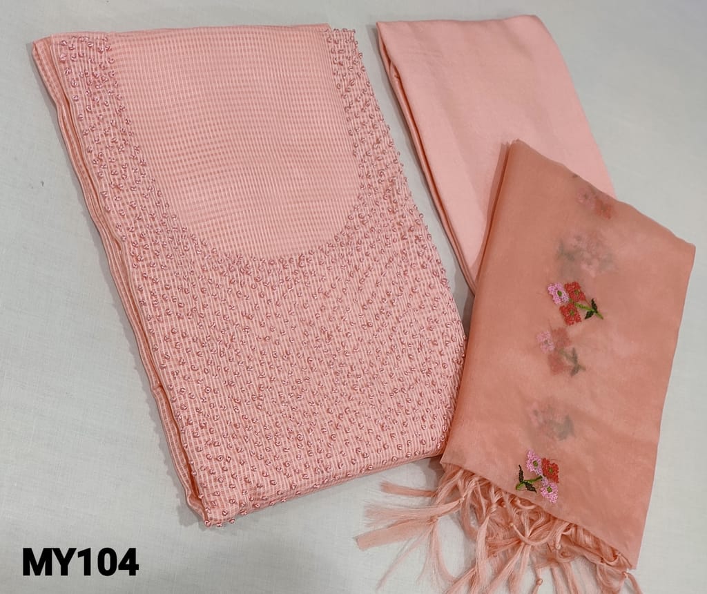 CODE MY104: Pastel Pink Kota Silk Cotton unstitched Salwar materials(course fabric, lining required) with french knot work on yoke, matching Silk Cotton or Santoon Bottom, cross stitch embroiery work on organza dupattawith tassels(requires taping),