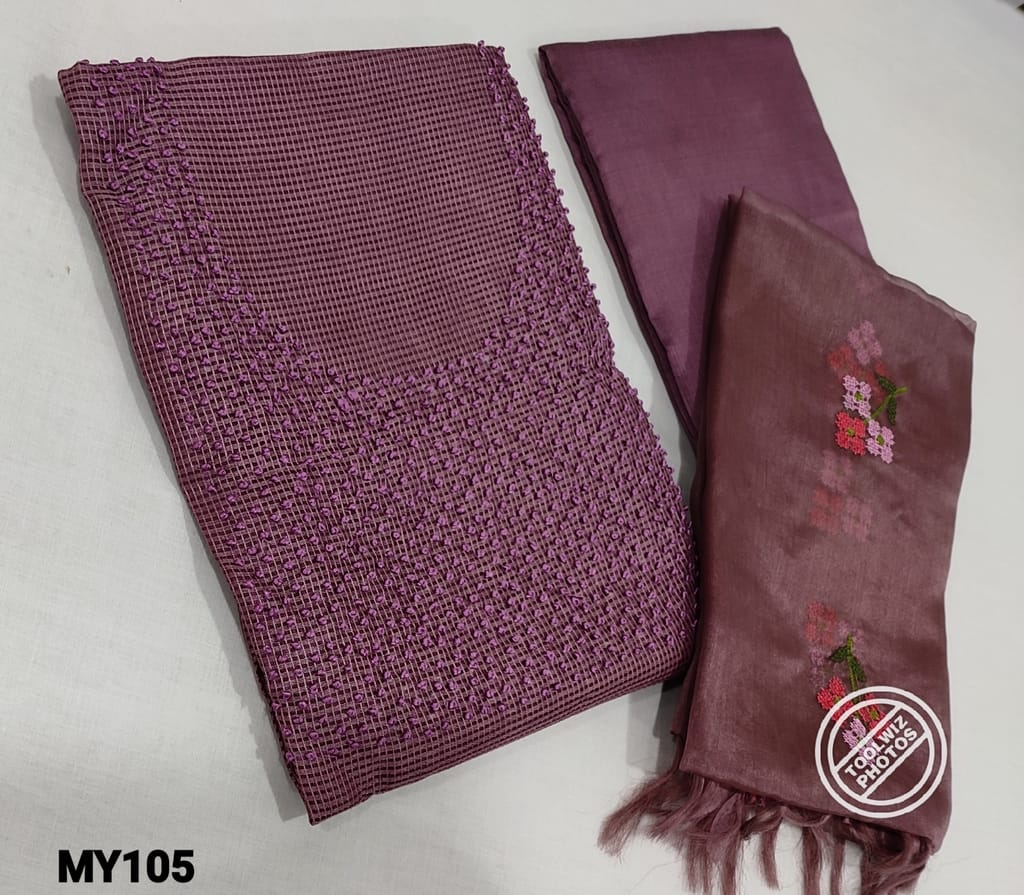 CODE MY105: Purple shade Kota Silk Cotton unstitched Salwar materials(course fabric, lining required) with french knot work on yoke, matching Silk Cotton or Santoon Bottom, cross stitch embroiery work on organza dupattawith tassels(requires taping),