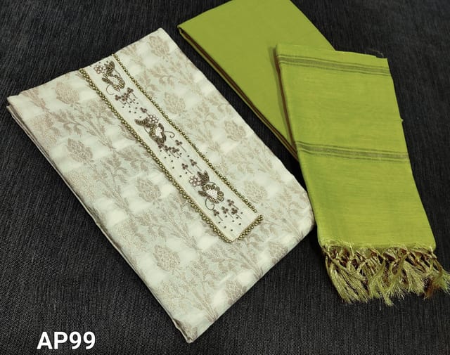 CODE AP99 : Designer Ivory Soft Brocade unstitched salwar material(requires lining) with zardosi, bead and thread work on yoke, light Green pure thinn soft drum dyed cotton bottom, Tissue slk cotton dupatta with tassels