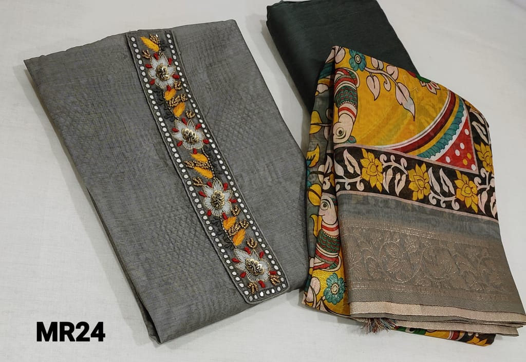 CODE MR24 :Designer Silver Grey Digital Printed Fancy Silk Cotton unstitched salwar material(lining required) with Thread embroidery, sequence, faux mirror and bead work on yoke, silk cotton bottom, Digital Printed colourful kalamkari prints along with antique zari woven borders and buttas with tassels