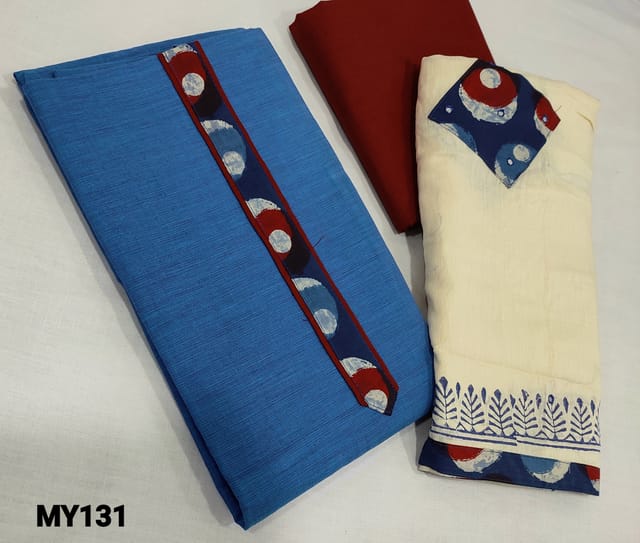 CODE MY131: Blue South Cotton unstitched Salwar material(lining required) with simple yoke, maroon cotton bottom, block printed and patch work on mul cotton dupatta with tapings,