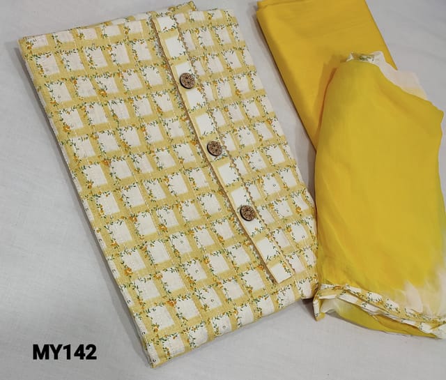CODEMY142 : Printed Checks Yellow soft Cotton unstitched Salwar material(lining required) with thread and sequence work on front side, wooden buttons on yoke, yellow cotton bottom,  Dual shaded chiffon dupatta with tapings.