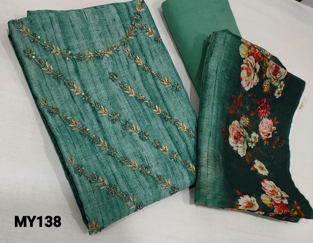 CODE MY138 : Designer Cement Green Digital printed Silk Cotton unstitched Salwar material( lining required) with zardozi and tiny mirror work on yoke, matching cotton fabric provided which can be used as lining or bottom, Digital printed fancy silk cotton dupatta.