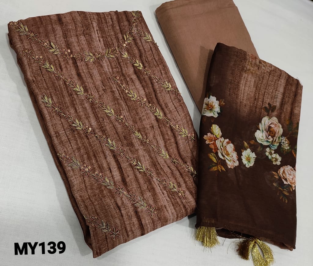 CODE MY139 : Designer Brown Digital printed Silk Cotton unstitched Salwar material( lining required) with zardozi and tiny mirror work on yoke, matching cotton fabric provided which can be used as lining or bottom, Digital printed fancy silk cotton dupatta.