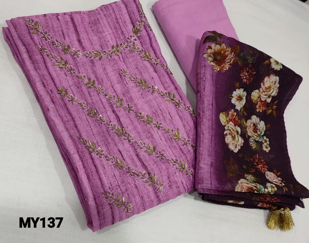 CODE MY137 : Designer Purplish Pink Digital printed Silk Cotton unstitched Salwar material( lining required) with zardozi and tiny mirror work on yoke, matching cotton fabric provided which can be used as lining or bottom, Digital printed fancy silk cotton dupatta.