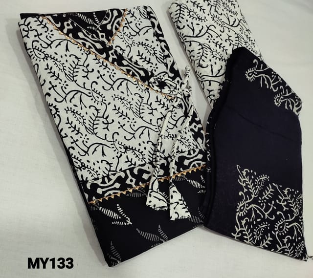 CODE MY133 : Premium Hand Block Printed Black soft Cotton unstitched Salwar material( lining optional) with gota lace tapings on yoke, block printed cotton bottom, block printed mul cotton dupatta,