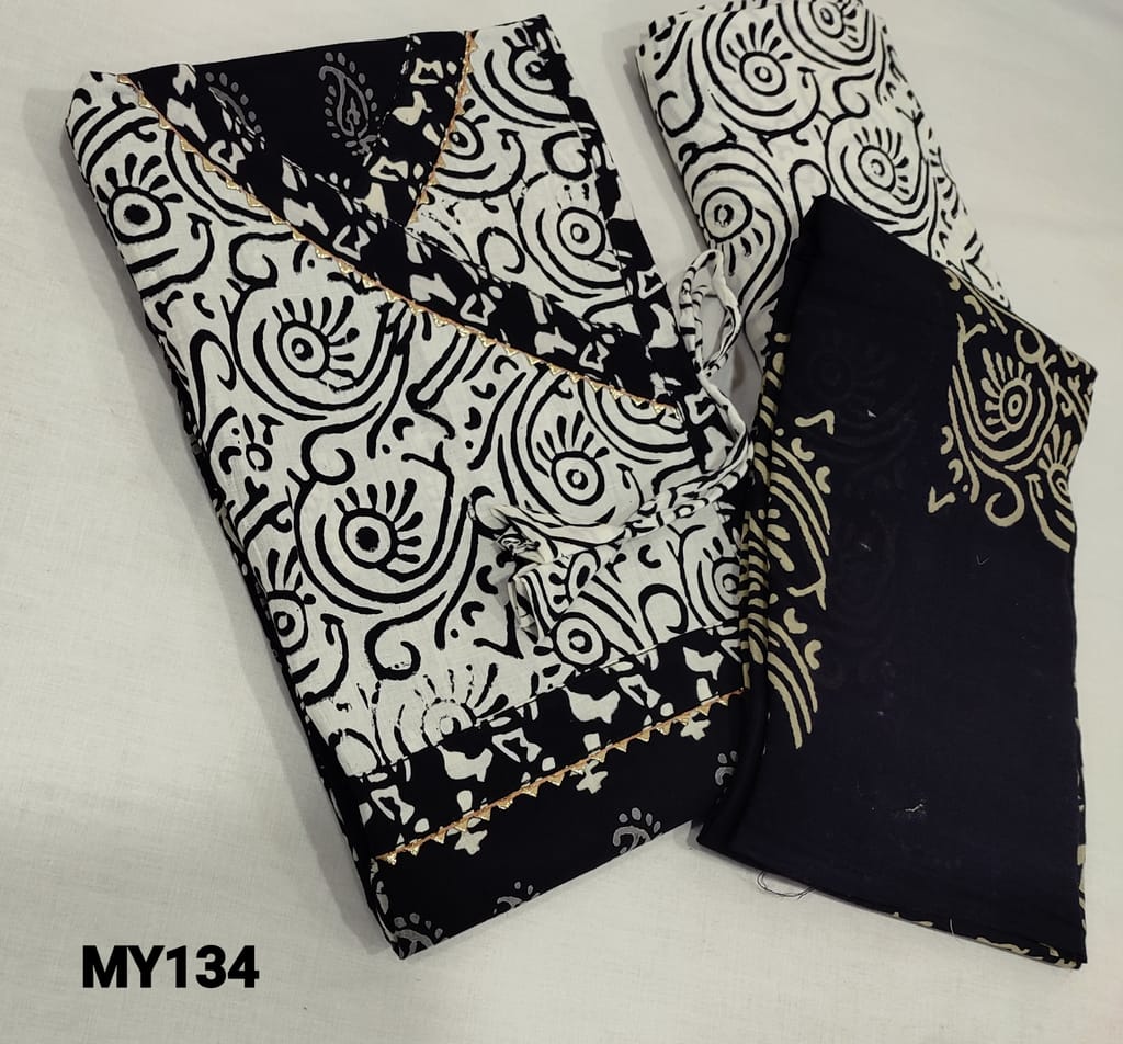 CODE MY134 : Premium Hand Block Printed Black soft Cotton unstitched Salwar material( lining optional) with gota lace tapings on yoke, block printed cotton bottom, block printed mul cotton dupatta,