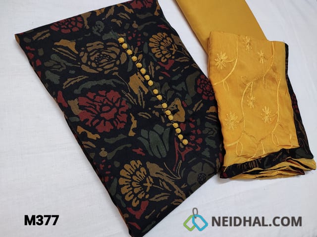 CODE M377: Black Flex Cotton Silk unstitched Salwar material(Soft, Smooth and Flowy Fabric) with Beautiful Floral prints, Potli buttons on yoke, Light Fenu Greek Yellow Cotton Bottom, Light Fenu Greek Yellow Chiffon dupatta with Embroidery work all over and tapings
