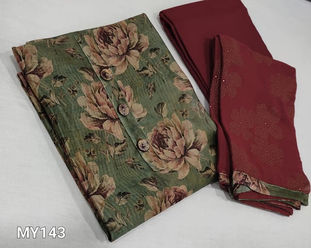 CODE MY143: Olive Green Digital Printed unstitched Salwar material(requires lining) with Beautiful Floral prints, simple yoke with wooden buttons, dark maroon cotton bottom, chiffon dupatta with foil prints and tapings