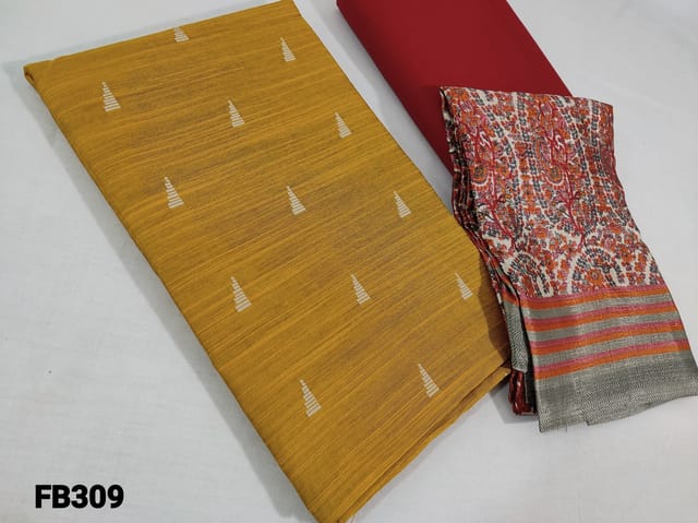 CODE FB309 : Fenu Greek Yellow Slub Silk Cotton Unstitched salwar material(requires lining) with Embroidery work, red cotton bottom, Digital printed Art silk Dupatta (requires taping)