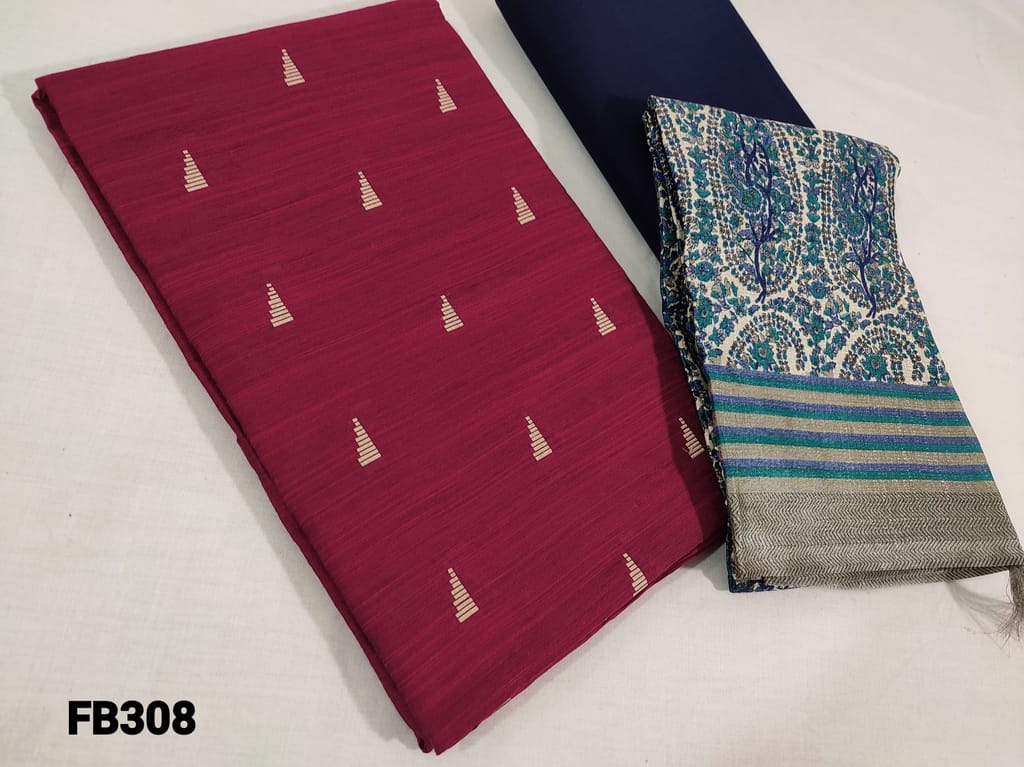 CODE FB308 : Dark Pink Slub Silk Cotton Unstitched salwar material(requires lining) with Embroidery work, navy blue cotton bottom, Digital printed Art silk Dupatta (requires taping)