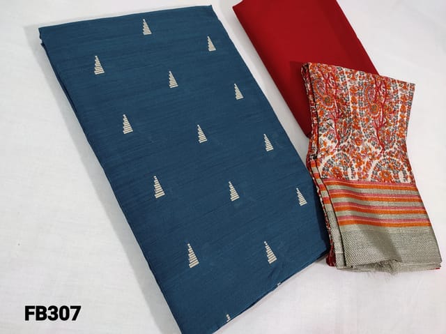 CODE FB307 : Blue Slub Silk Cotton Unstitched salwar material(requires lining) with Embroidery work, red cotton bottom, Digital printed Art silk Dupatta (requires taping)