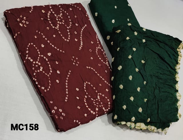CODE MY158 : Reddish Maroon Bandhani tie and dye work on Pure cotton unstitched Salwar material(requires lining), bottle green cotton bottom with Bhandini tie and dye work, Bhandini tie and dye work on multicolor mul cotton dupatta.