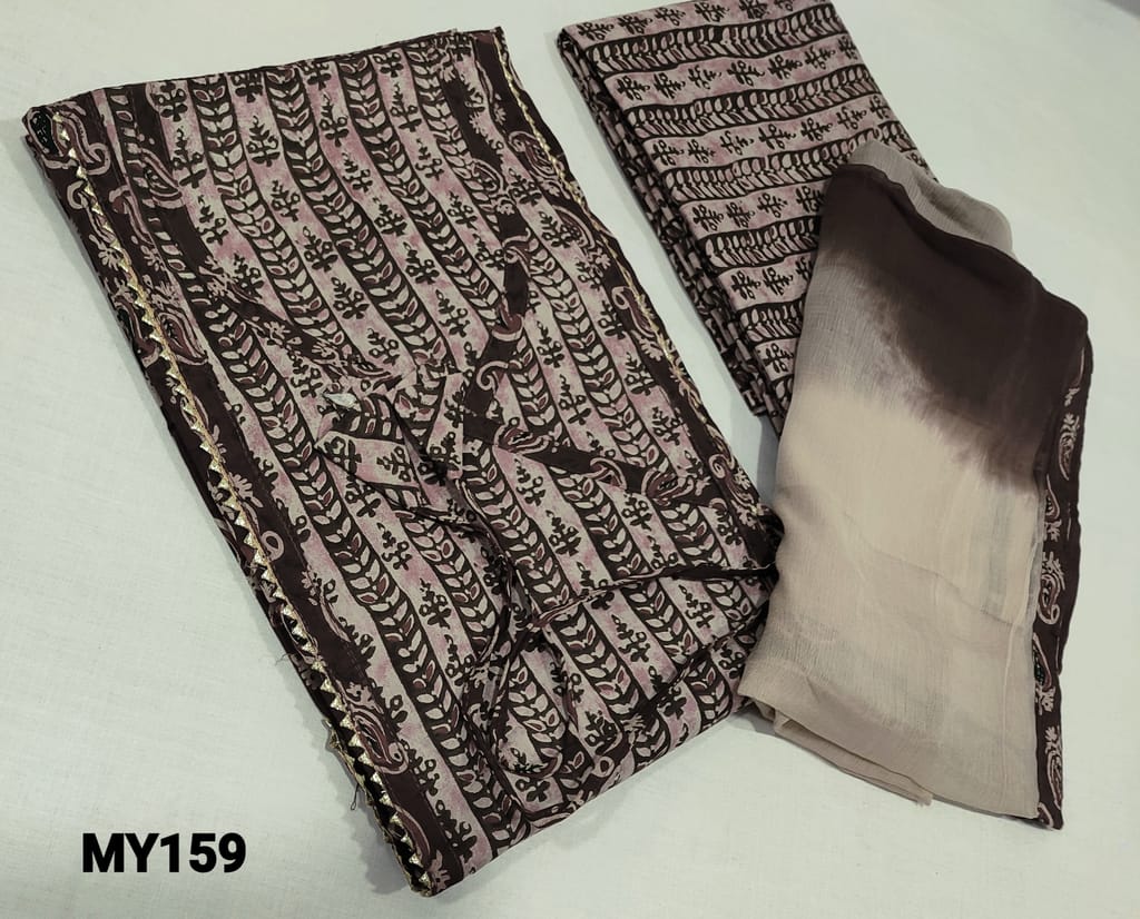 CODE MY159 : Printed Dark Brown cotton unstitched Salwar material(requires lining)with Y neck and tassels, printed cotton bottom, dual shaded chiffon dupatta with tapings