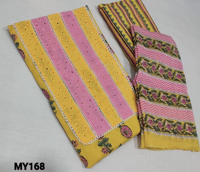 CODE MY168 : Printed mango Yellow cotton unstitched Salwar material(requires lining)with hakoba cutwork and lace work on yoke, printed cotton bottom, printed mul cotton dupatta.